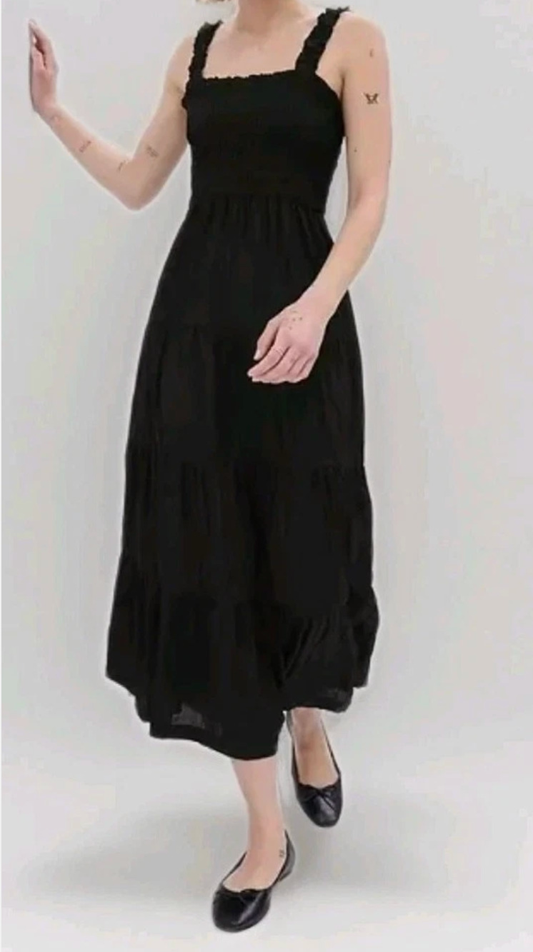 Gap Midi Dress Smocked Sleeveless Tiered Skirt Cottagecore Boho Sz L Tall Pocket